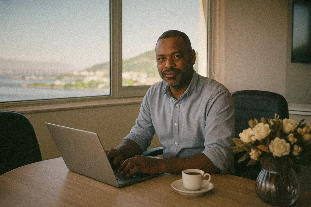 Empresário trabalhando no notebook com um café