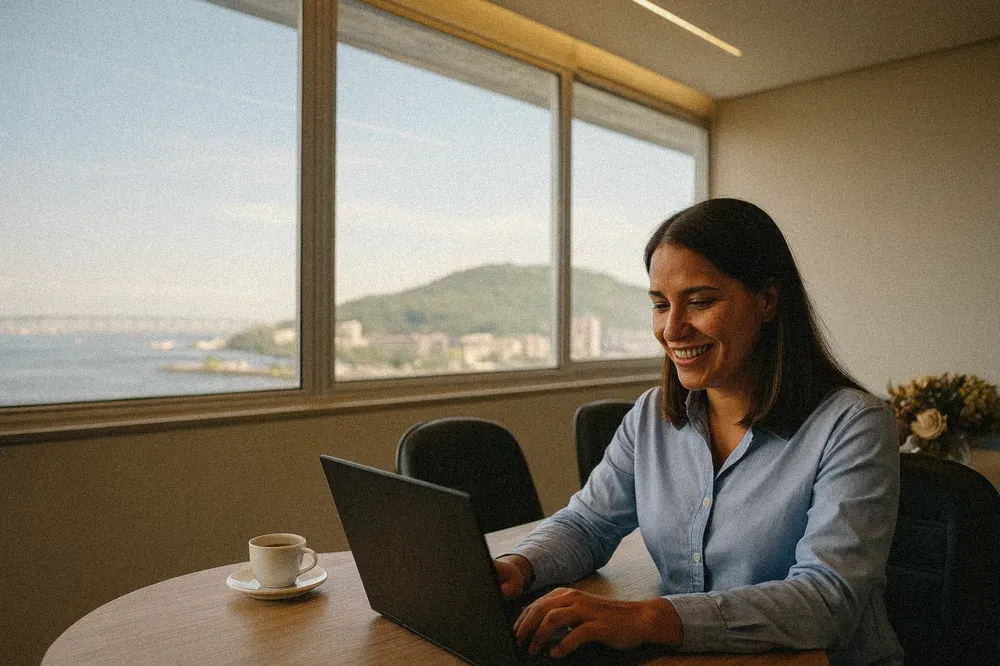 Consultora autônoma trabalhando no notebook numa sala com vista para a baía